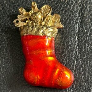 Vintage Festive Red and Gold Holiday Stocking Brooch